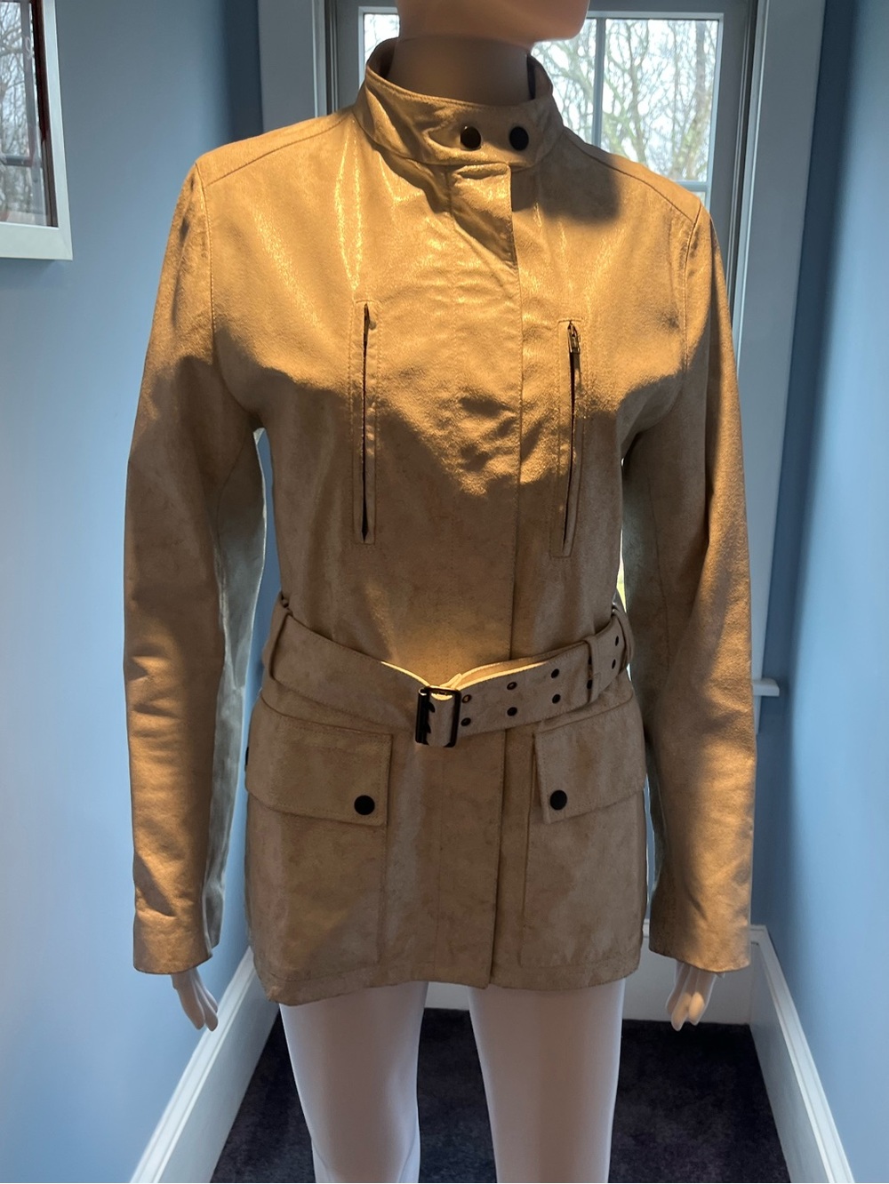 Burberry white metallic leather belted hip length trench jacket
